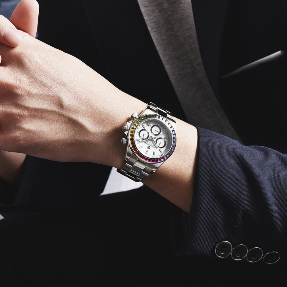 PAGANI DESIGN PD1644 Men's Quartz Watches Seiko VK65 Movement Chronograph Wrist Watch with Rainbow Bezel 100M Water Resistant Auto Date