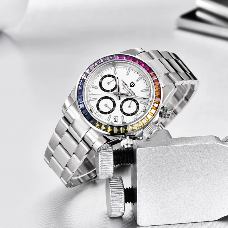 PAGANI DESIGN PD1644 Men's Quartz Watches Seiko VK65 Movement Chronograph Wrist Watch with Rainbow Bezel 100M Water Resistant Auto Date