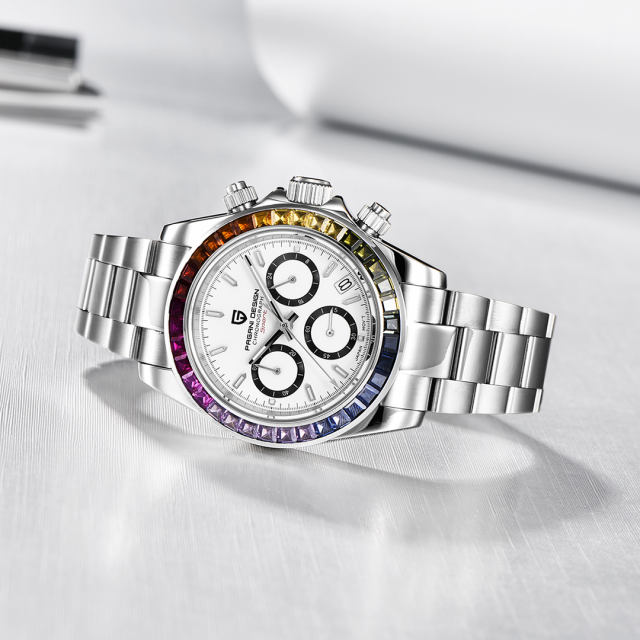 PAGANI DESIGN PD1644 Men's Quartz Watches Seiko VK65 Movement Chronograph Wrist Watch with Rainbow Bezel 100M Water Resistant Auto Date