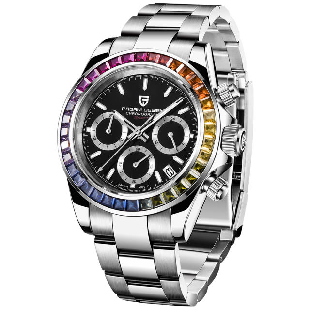 PAGANI DESIGN PD1644 Men's Quartz Watches Seiko VK65 Movement Chronograph Wrist Watch with Rainbow Bezel 100M Water Resistant Auto Date