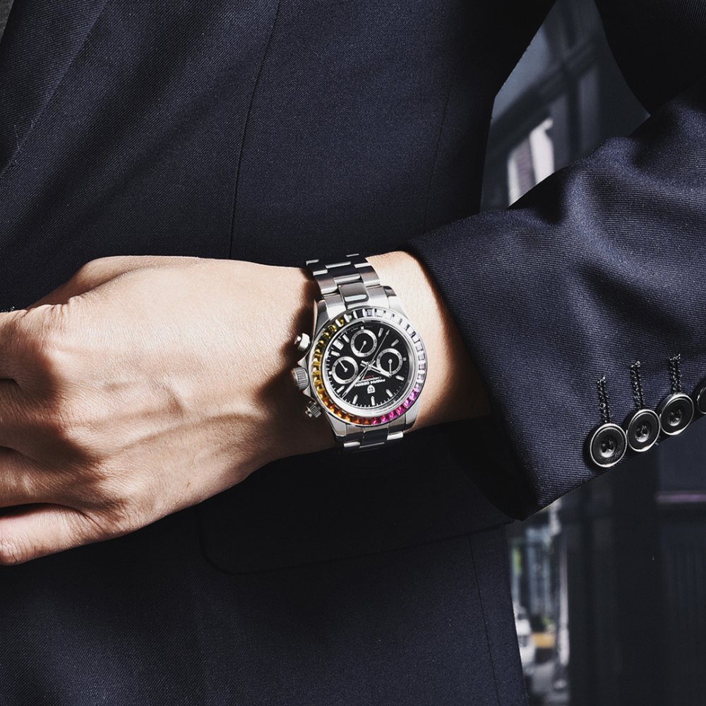 PAGANI DESIGN PD1644 Men's Quartz Watches Seiko VK65 Movement Chronograph Wrist Watch with Rainbow Bezel 100M Water Resistant Auto Date