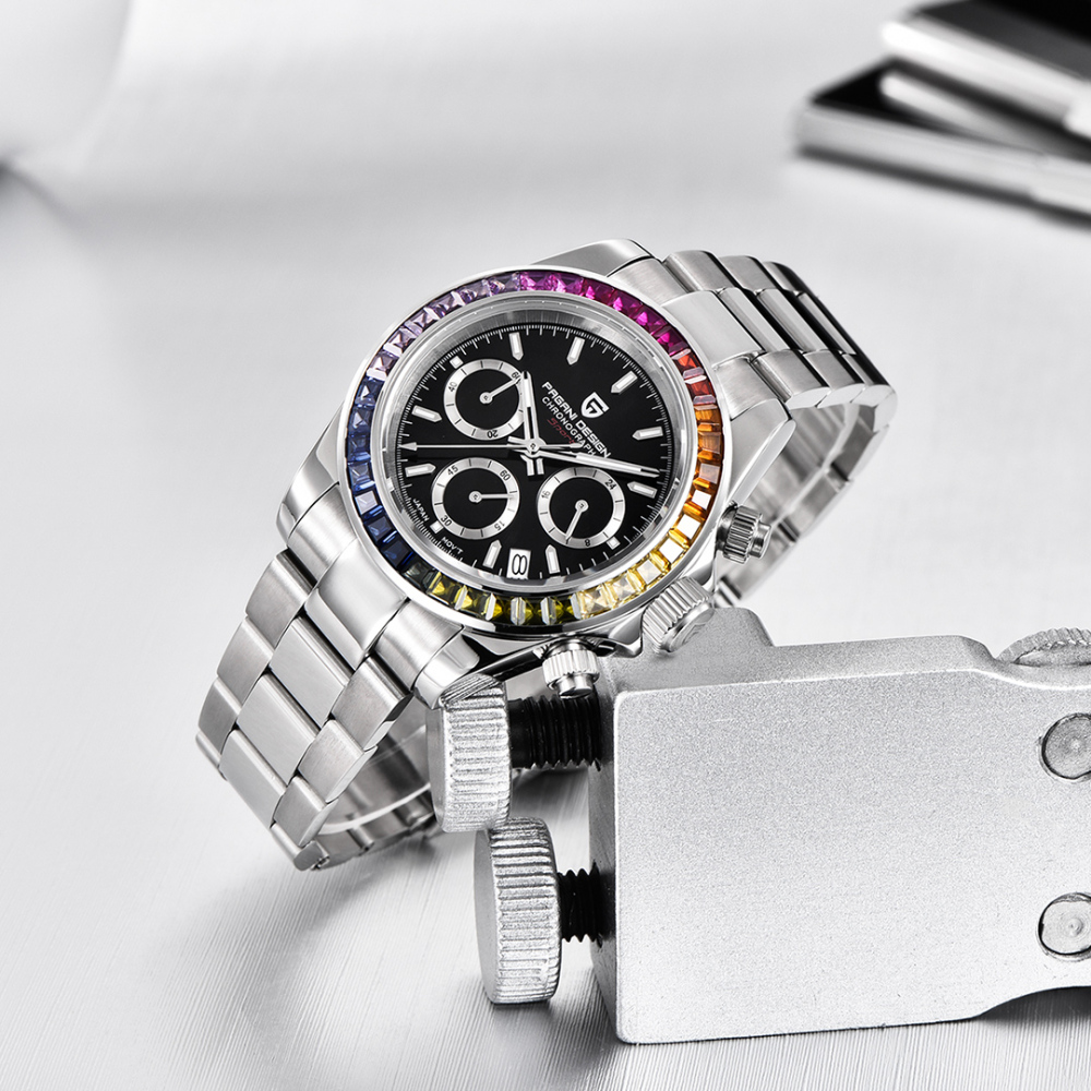 PAGANI DESIGN PD-1644 Men's Quartz Watches VK63 Movement Chronograph Sports Wrist Watch with Rainbow Bezel 100M Water Resistant Auto Date