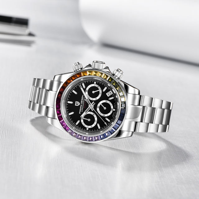 PAGANI DESIGN PD1644 Men's Quartz Watches Seiko VK63 Movement Chronograph Wrist Watch with Rainbow Bezel 100M Water Resistant Auto Date