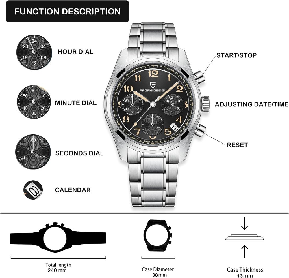 PAGANI DESIGN PD-1773 Men's Chronograph Quartz Watches 38MM Stainless Steel Elegant Sports Wristwatch VK63 Movet AR Sapphire Glass