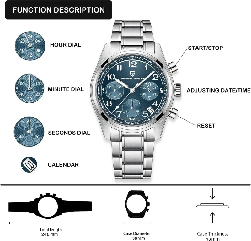 PAGANI DESIGN PD-1773 Men's Chronograph Quartz Watches 38MM Stainless Steel Elegant Sports Wristwatch VK63 Movet AR Sapphire Glass