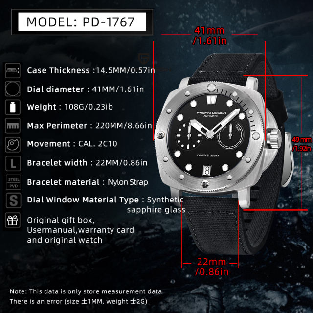 PAGANI DESIGN PD1767 Men's Automatic Watches 41mm Stainless Steel Unique Waterproof Mechanical Sports Wrist Watch for Men Sapphire Glass With AR Coating