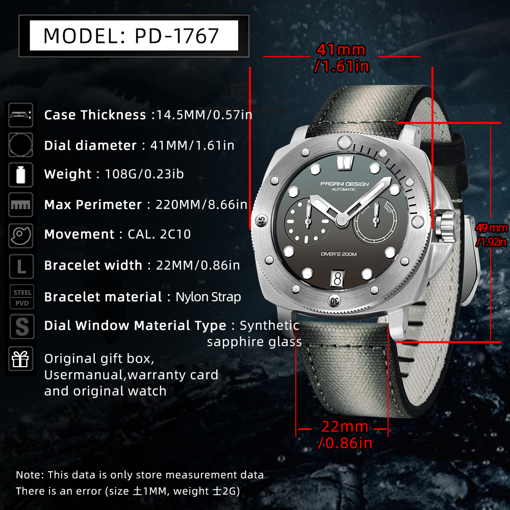 PAGANI DESIGN PD-1767 Men's Automatic Watches 41mm Stainless Steel Unique Waterproof Mechanical Sports Wrist Watch for Men Sapphire Glass With AR Coating