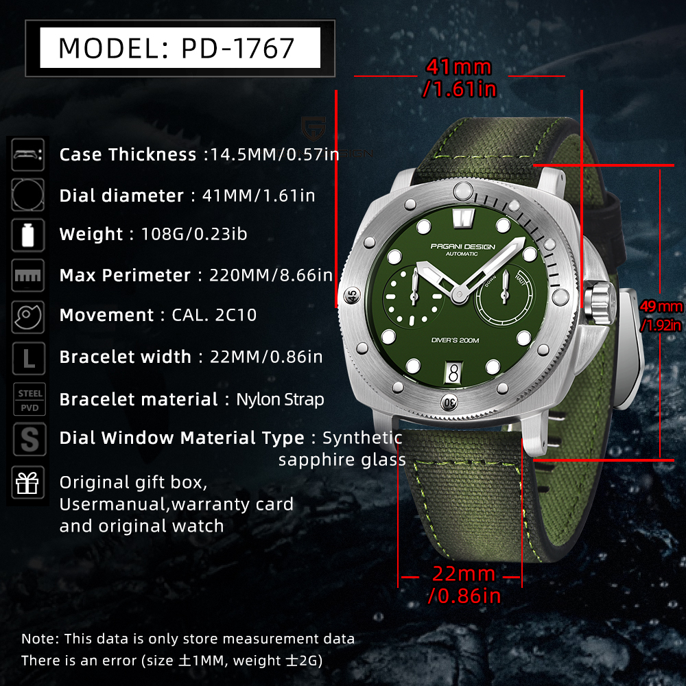 PAGANI DESIGN PD-1767 Men's Automatic Watches 41mm Stainless Steel Unique Waterproof Mechanical Sports Wrist Watch for Men Sapphire Glass With AR Coating
