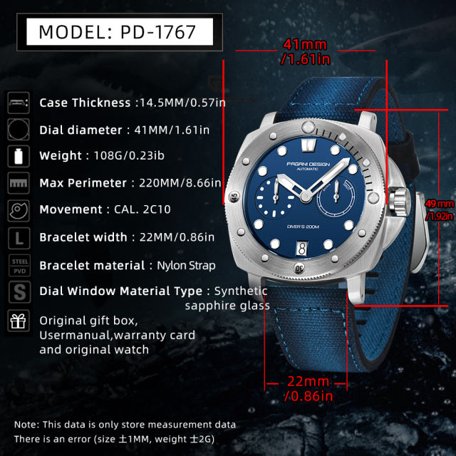 PAGANI DESIGN PD1767 Men's Automatic Watches 41mm Stainless Steel Unique Waterproof Mechanical Sports Wrist Watch for Men Sapphire Glass With AR Coating