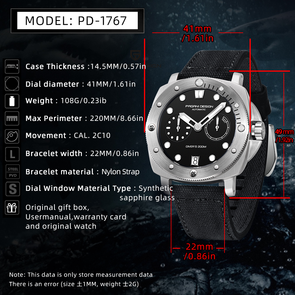 PAGANI DESIGN PD-1767 Men's Automatic Watches 41mm Stainless Steel Unique Waterproof Mechanical Sports Wrist Watch for Men Sapphire Glass With AR Coating
