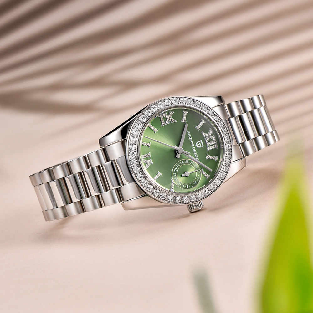 Womens Silver Green Stainless Steel Luxury Ladies Waterproof Writs Diamond Watch Amazon.com: Reginald Women main image 3