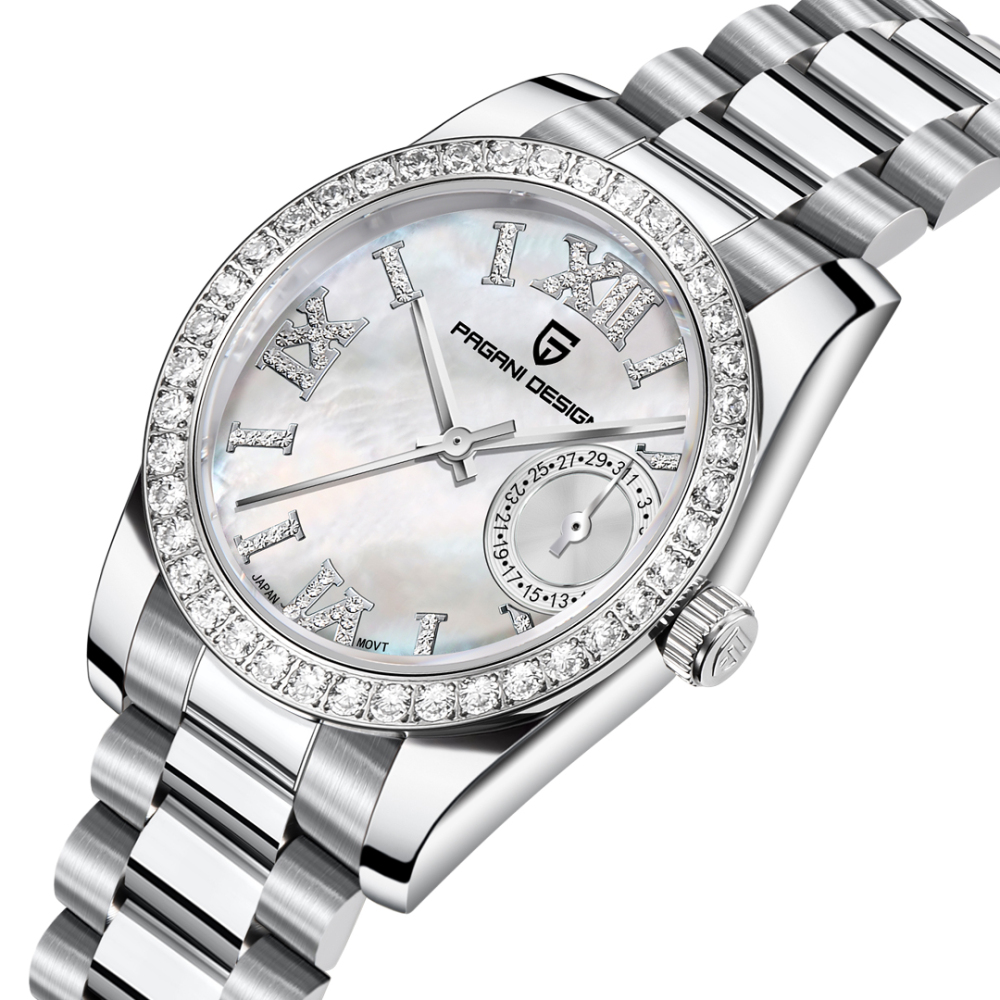PAGANI DESIGN PD1776 Women's Watches 32mm Luxury Stainless Steel Waterproof Wrist Watch for Women Diamond Bezel Sapphire Dial Glass