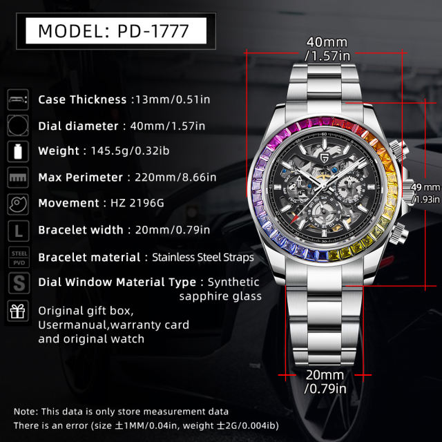 PAGANI DESIGN PD1777 Automatic Men's Watches 40mm full Stainless Steel Skeleton Mechanical Wrist Watch for Men
