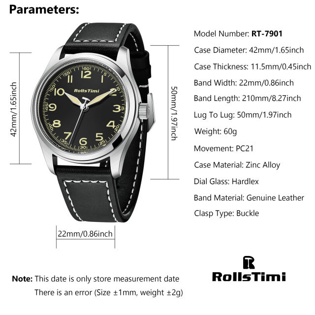 RollsTimi RT7901 Men's Quartz Watches Casual Pilot Sports Leather Wrist Watch for Men Business Wristwatch