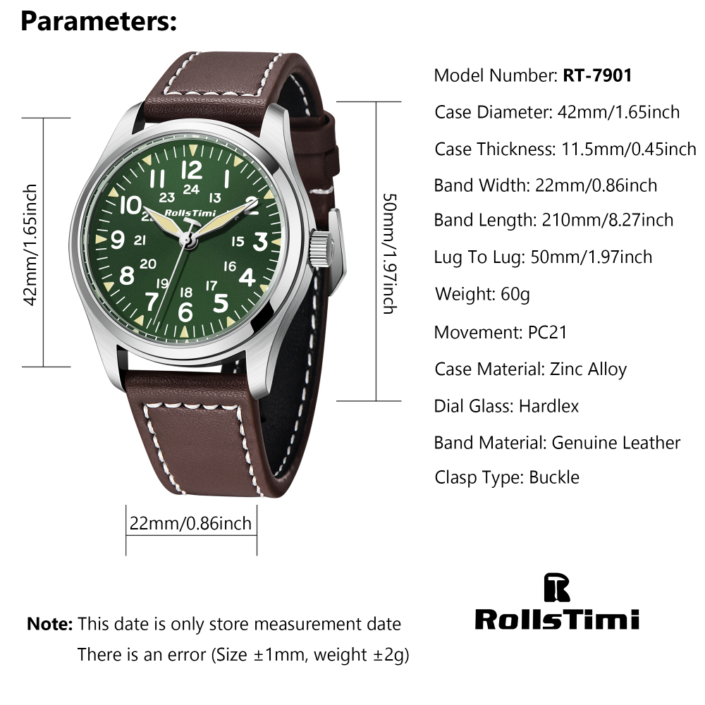 RollsTimi RT7902 Men's Quartz Watches 42mm Sports Pilot Business Wrist Watch for Men