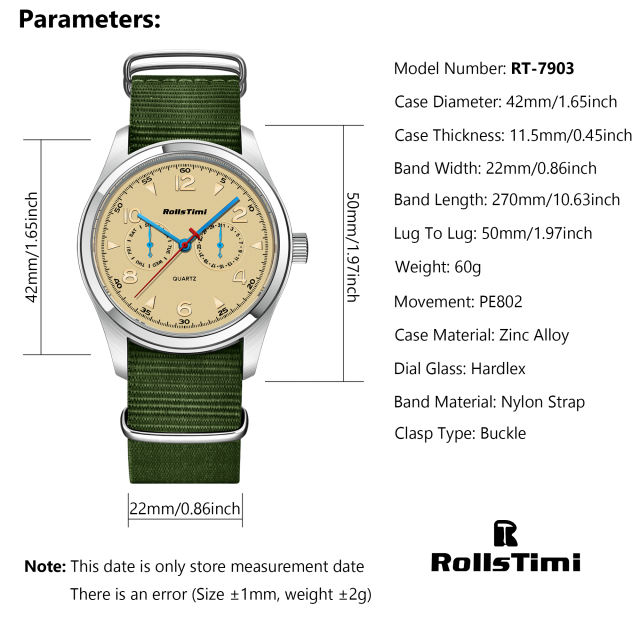 RollsTimi RT7903 Classic Quartz Men's Watches Fashion Sports Wristwatch with Nylon Watchband