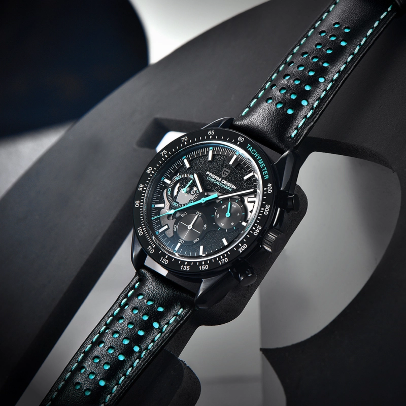 PAGANI DESIGN PD-1779 Men's Quartz Watches full Black Stainless Steel Chronograph Wristwatch with Leather Watchband