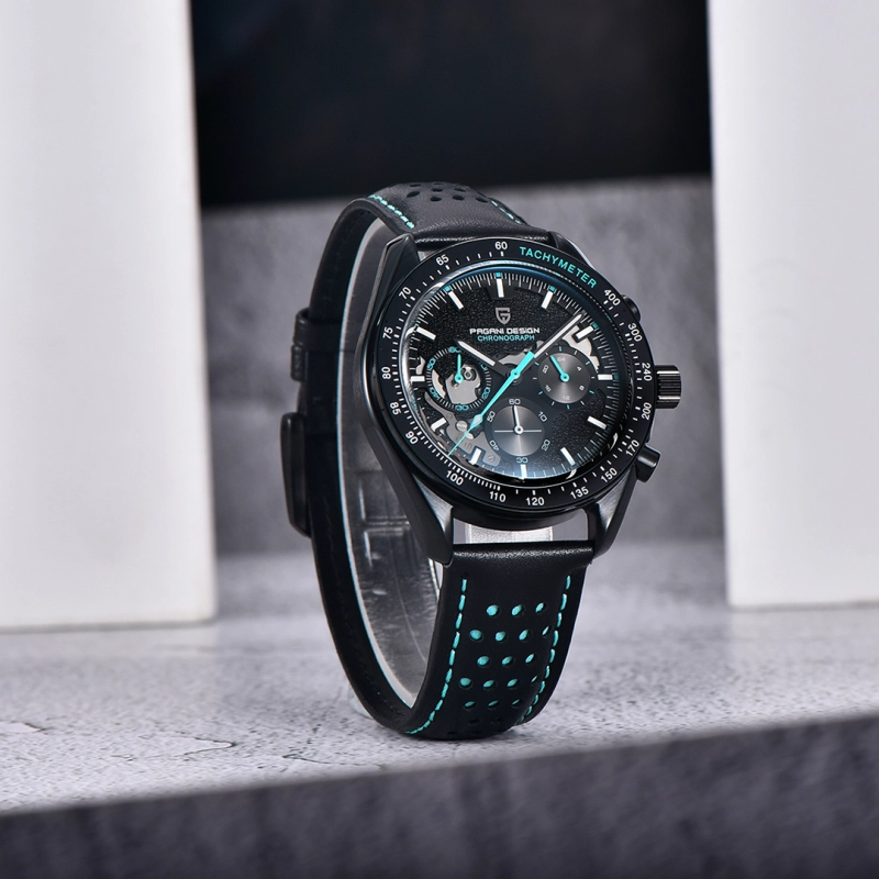 PAGANI DESIGN PD-1779 Men's Quartz Watches full Black Stainless Steel Chronograph Wristwatch with Leather Watchband