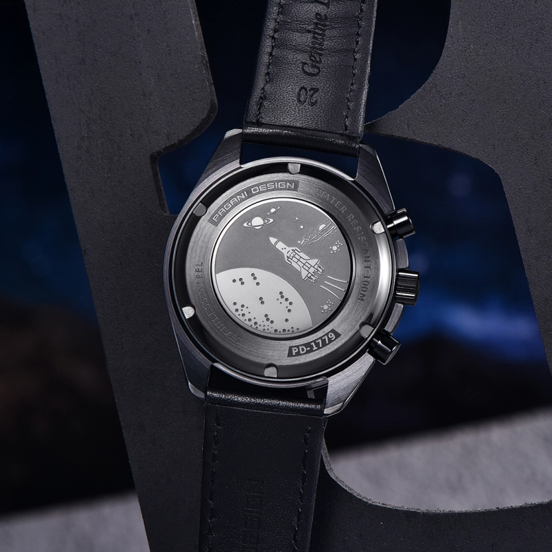 PAGANI DESIGN PD1779 Men's Quartz Watches full Black Stainless Steel Chronograph Wristwatch with Leather Watchband