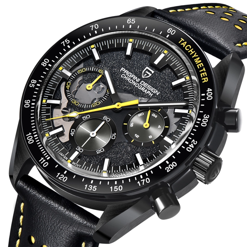 PAGANI DESIGN PD-1779 Men's Quartz Watches full Black Stainless Steel Chronograph Wristwatch with Leather Watchband