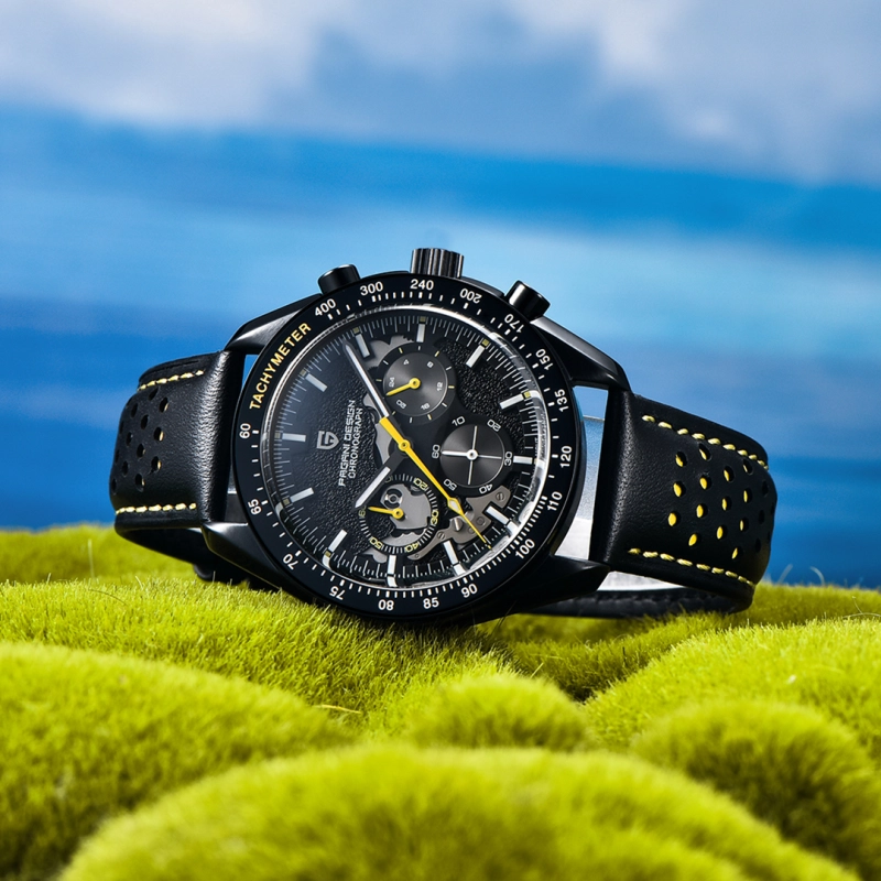 PAGANI DESIGN PD1779 Men's Quartz Watches full Black Stainless Steel Chronograph Wristwatch with Leather Watchband