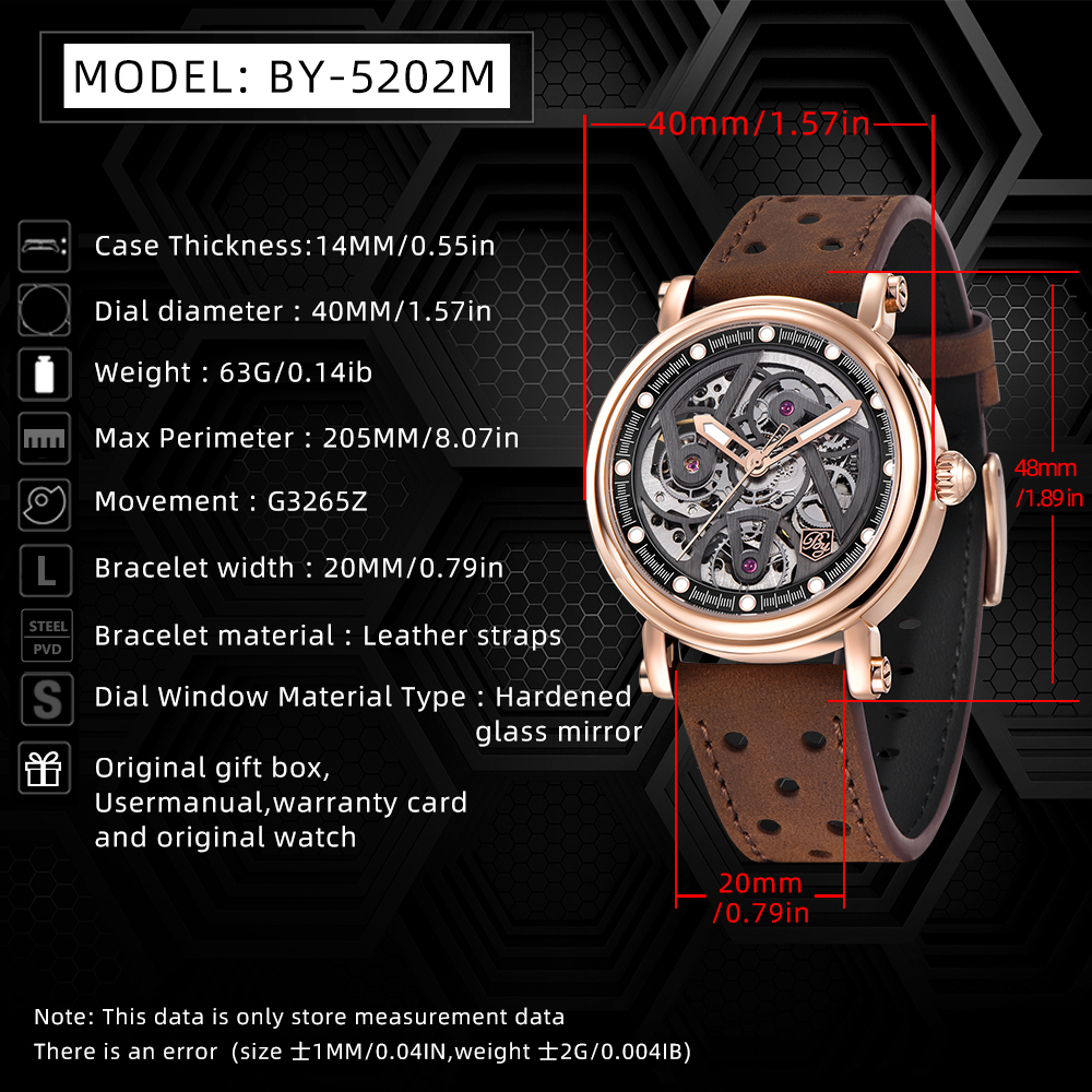 BENYAR BY5202 Men's Automatic Watches 40mm Skeleton Stainless Steel Fashion Wrist Watch for Men Leather Watchband