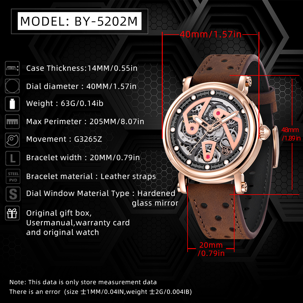 BENYAR BY5202 Men's Automatic Watches 40mm Skeleton Stainless Steel Fashion Wrist Watch for Men Leather Watchband