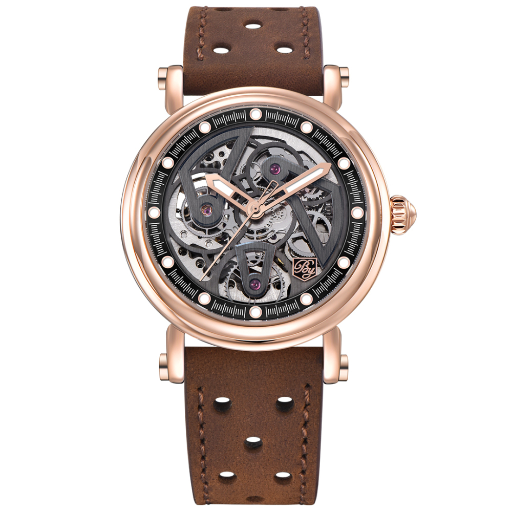 BENYAR BY5202 Men's Automatic Watches 40mm Skeleton Stainless Steel Fashion Wrist Watch for Men Leather Watchband