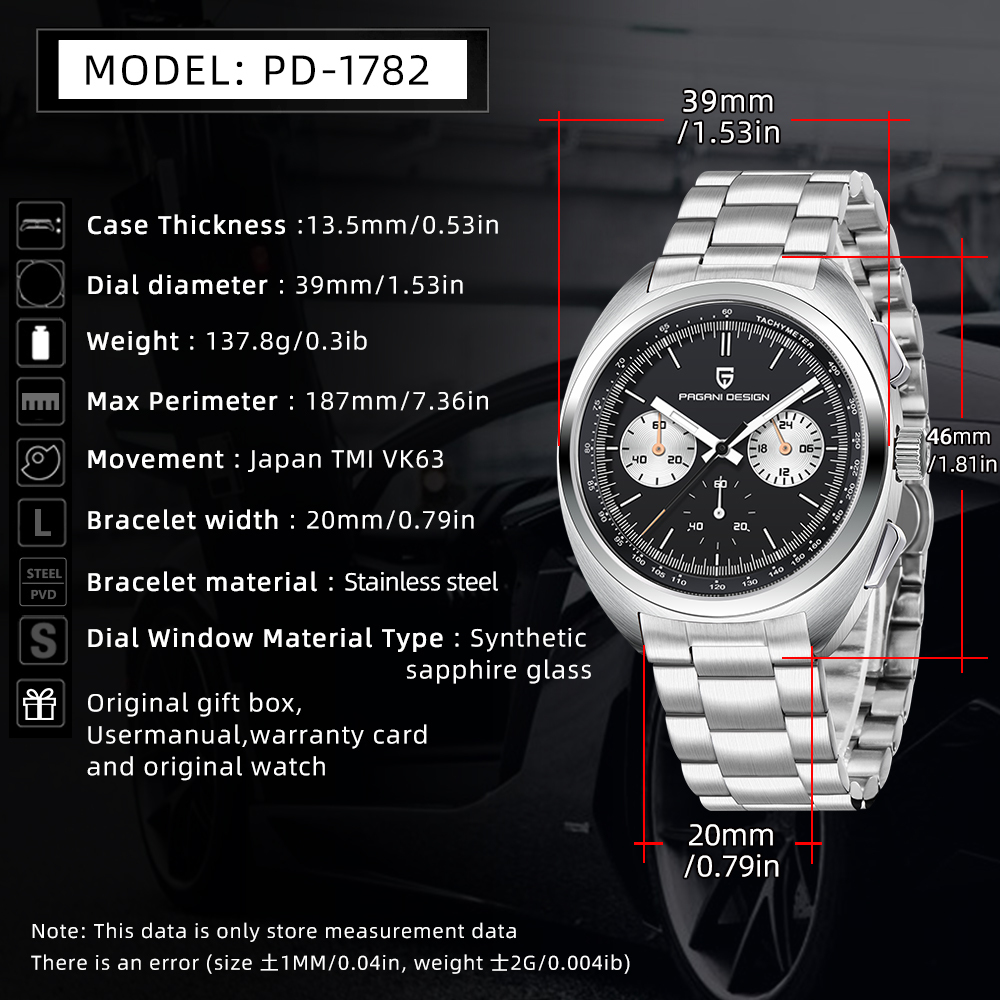PAGANI DESIGN PD1782 Men's Quartz Watches Chronograph Stainless Steel 40mm Sports Wrist Watch for Men