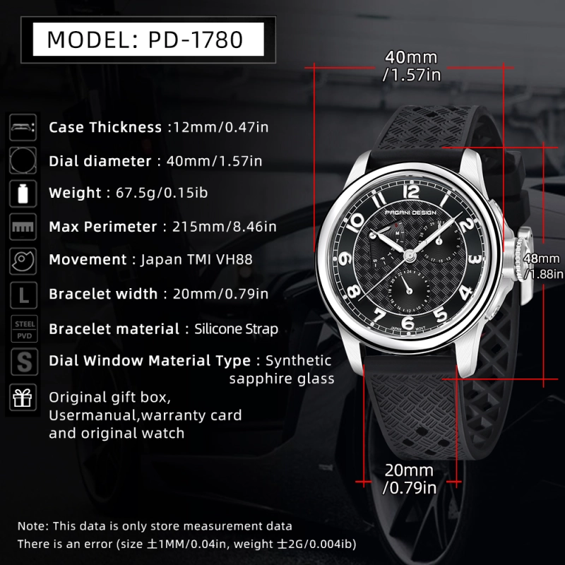 PAGANI DESIGN PD-1780 Men's Quartz Watches 40MM Stainless Steel Waterproof Wrist Watch with Rubber Strap, Week Date Display, 24 Hours Display
