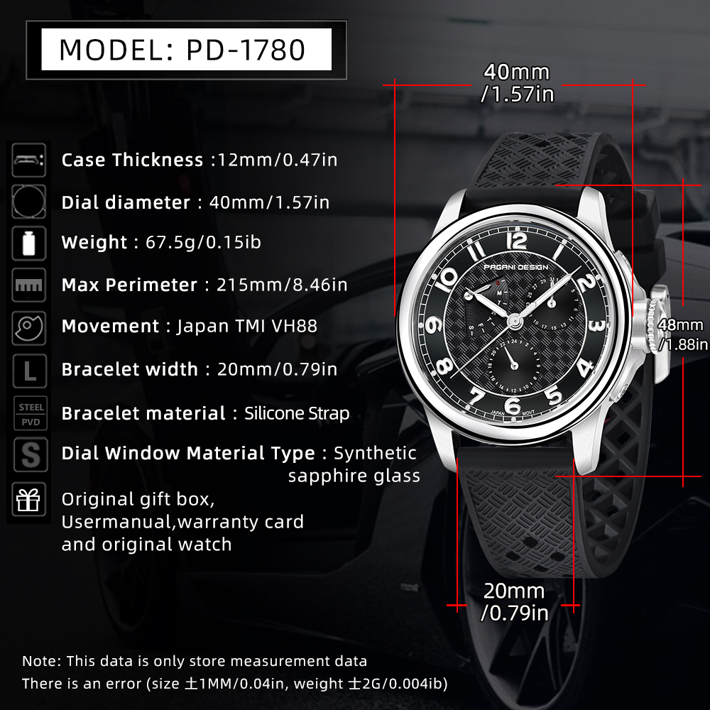 PAGANI DESIGN PD-1780 Men's Quartz Watches 40MM Stainless Steel Waterproof Wrist Watch with Rubber Strap, Week Date Display, 24 Hours Display