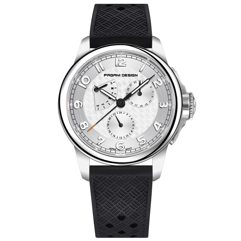 PAGANI DESIGN PD-1780 Men's Quartz Watches 40MM Stainless Steel Waterproof Wrist Watch with Rubber Strap, Week Date Display, 24 Hours Display