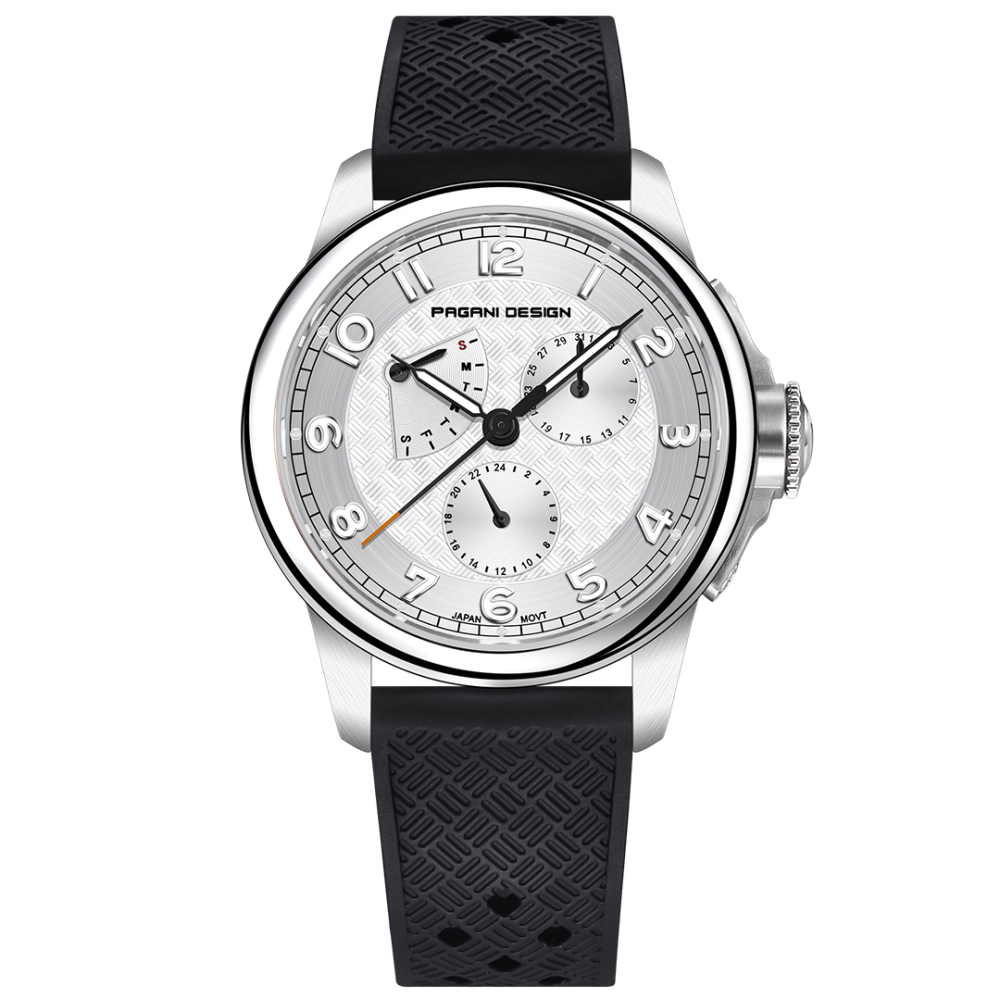 PAGANI DESIGN PD-1780 Men's Quartz Watches 40MM Stainless Steel Waterproof Wrist Watch with Rubber Strap, Week Date Display, 24 Hours Display