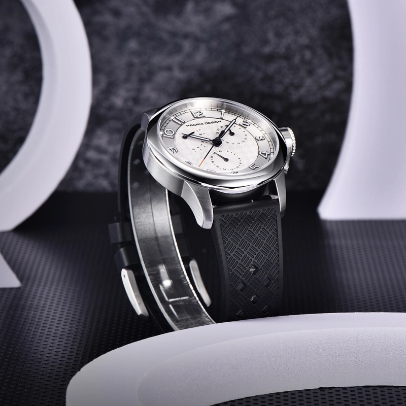 PAGANI DESIGN PD-1780 Men's Quartz Watches 40MM Stainless Steel Waterproof Wrist Watch with Rubber Strap, Week Date Display, 24 Hours Display