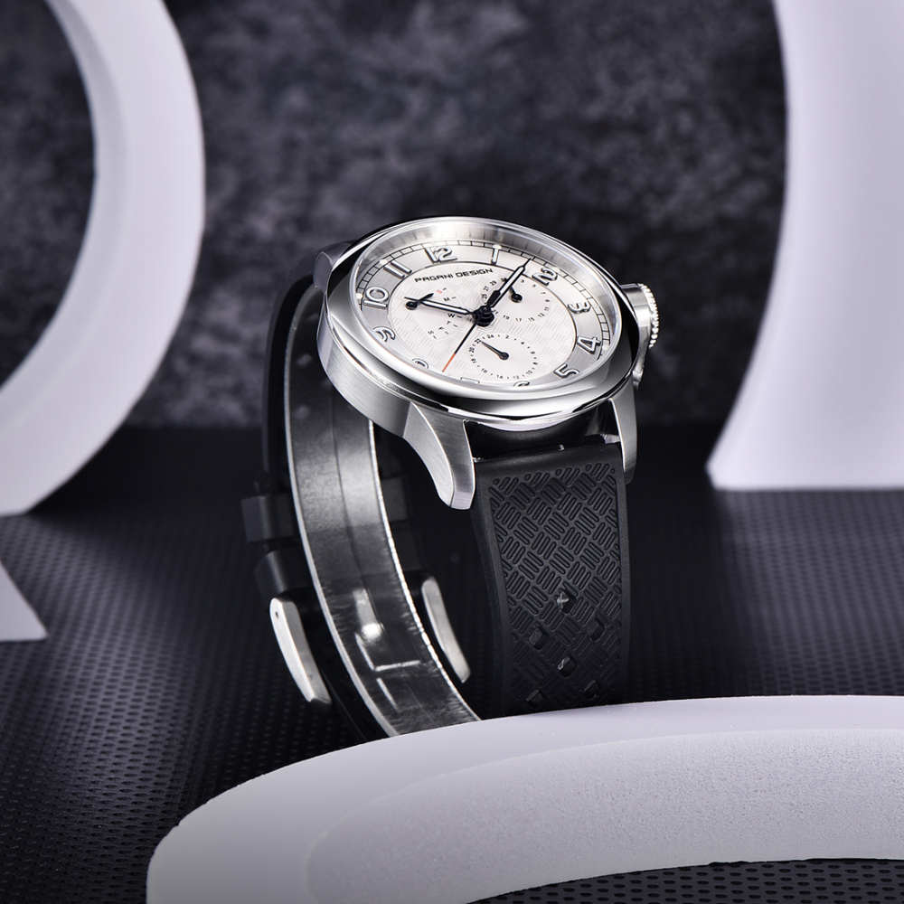 PAGANI DESIGN PD-1780 Men's Quartz Watches 40MM Stainless Steel Waterproof Wrist Watch with Rubber Strap, Week Date Display, 24 Hours Display