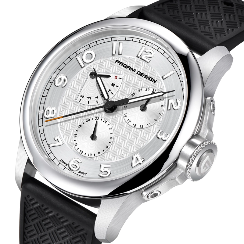 PAGANI DESIGN PD-1780 Men's Quartz Watches 40MM Stainless Steel Waterproof Wrist Watch with Rubber Strap, Week Date Display, 24 Hours Display