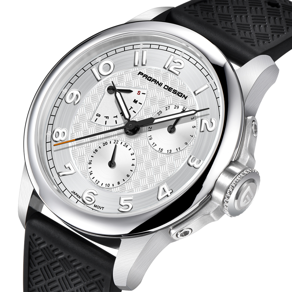 PAGANI DESIGN PD-1780 Men's Quartz Watches 40MM Stainless Steel Waterproof Wrist Watch with Rubber Strap, Week Date Display, 24 Hours Display