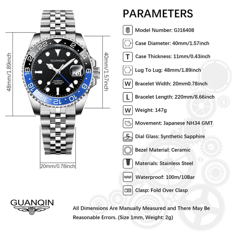 GUANQIN Men's Automatic Watches 40mm NH34 Stainless Steel Mechanical Wrist Watch for Men 100M Waterproof Sapphire Dial Glass GJ16408