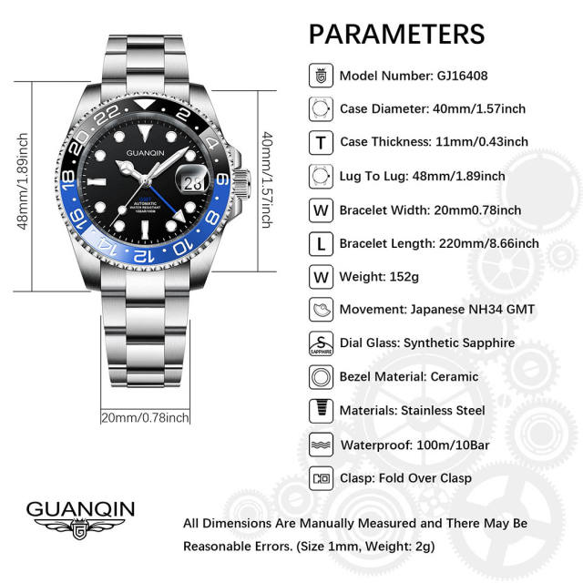 GUANQIN Men's Automatic Watches 40mm NH34 Stainless Steel Mechanical Wrist Watch for Men 100M Waterproof Sapphire Dial Glass GJ16408