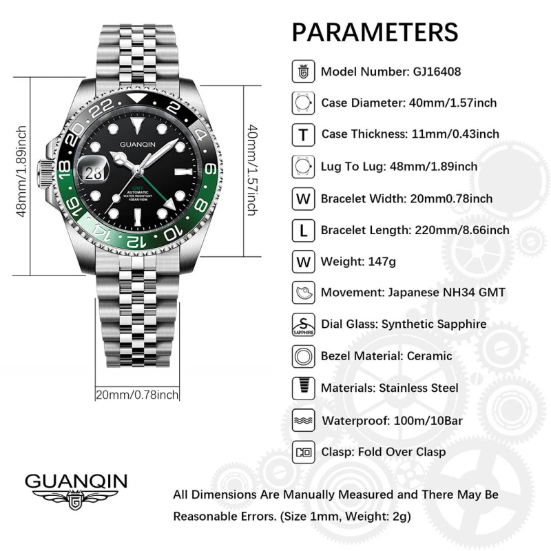GUANQIN Men's Automatic Watches 40mm NH34 Stainless Steel Mechanical Wrist Watch for Men 100M Waterproof Sapphire Dial Glass GJ16408