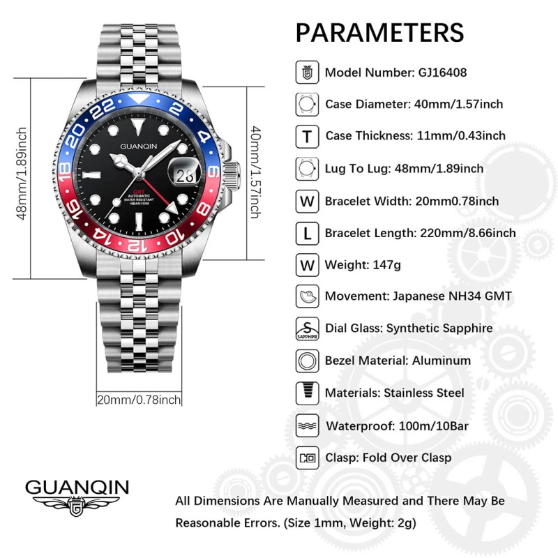 GUANQIN Men's Automatic Watches 40mm NH34 Stainless Steel Mechanical Wrist Watch for Men 100M Waterproof Sapphire Dial Glass GJ16408
