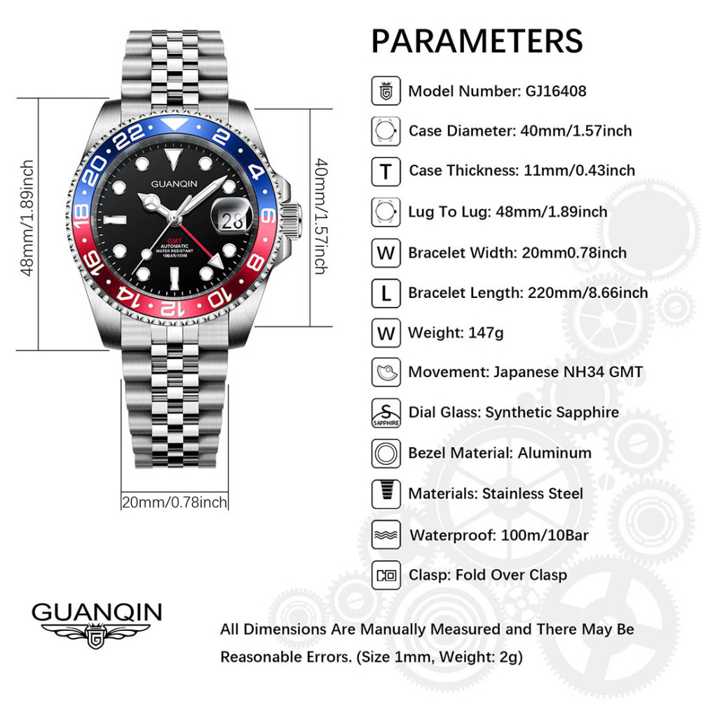 GUANQIN Men's Automatic Watches 40mm NH34 Stainless Steel Mechanical Wrist Watch for Men 100M Waterproof Sapphire Dial Glass GJ16408
