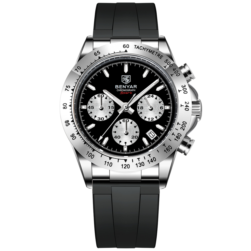 BENYAR BY-5192 Quartz Men's Watches Chronograph Alloy Silicone Business Wrist Watch for Men Waterproof Wristwatch Auto Date