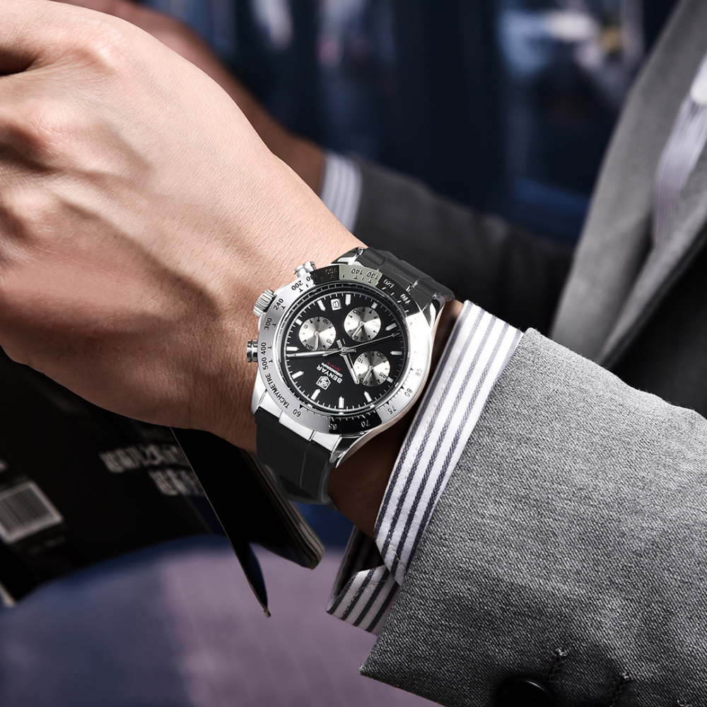 BENYAR BY-5192 Quartz Men's Watches Chronograph Alloy Silicone Business Wrist Watch for Men Waterproof Wristwatch Auto Date