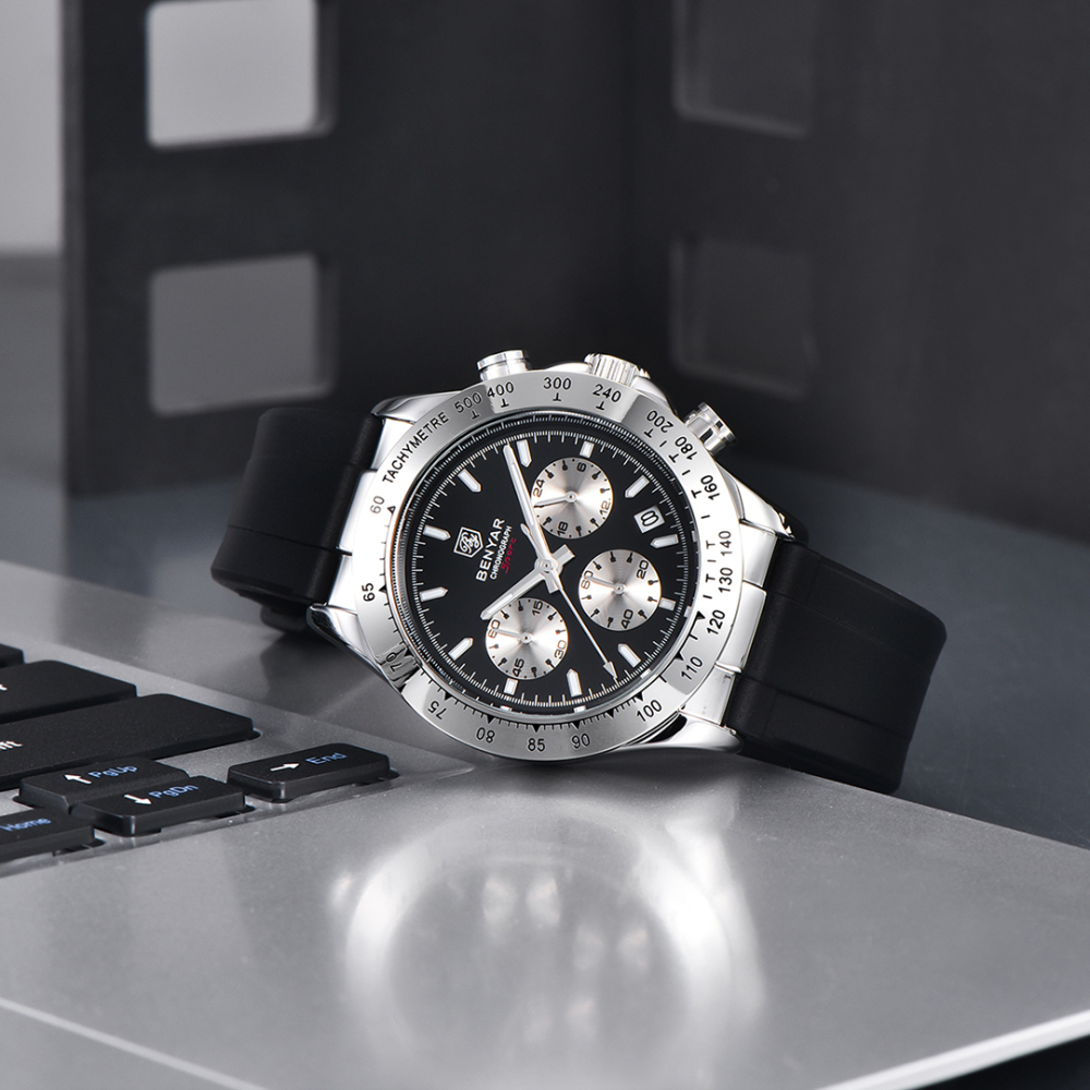 BENYAR BY-5192 Quartz Men's Watches Chronograph Alloy Silicone Business Wrist Watch for Men Waterproof Wristwatch Auto Date