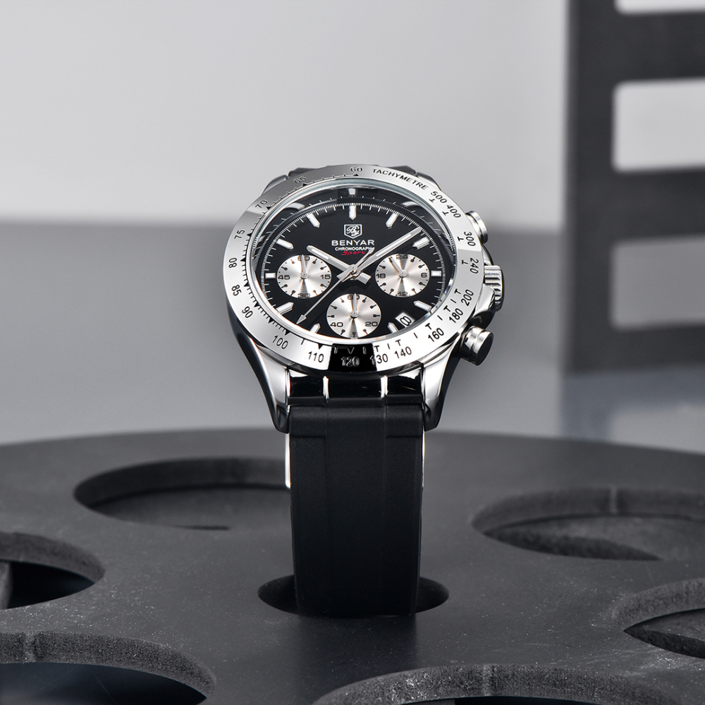 BENYAR BY-5192 Quartz Men's Watches Chronograph Alloy Silicone Business Wrist Watch for Men Waterproof Wristwatch Auto Date