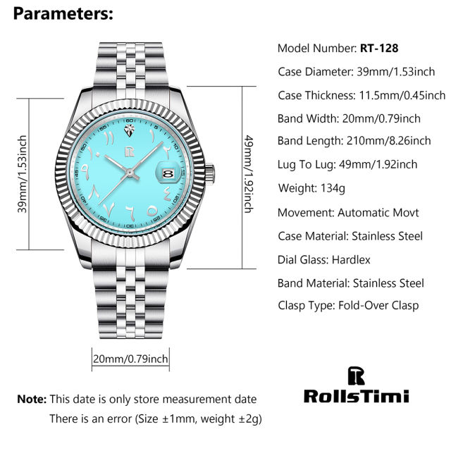 RollsTimi RT-128 Men's Automatic Watches 39mm Stainless Steel Mechanical Wrist Watch for Men Luxury Classic Wristwatch