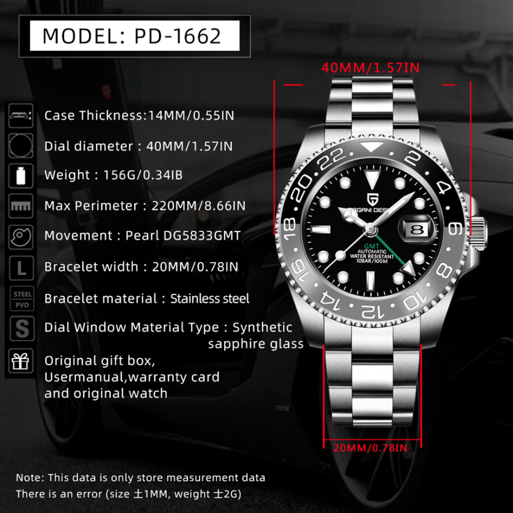 PAGANI DESIGN PD-1662 Men's Watches Automatic GMT Mechanical Stainless Steel Waterproof Wrist Watch for Men Jubilee Bracelet Sapphire Glass