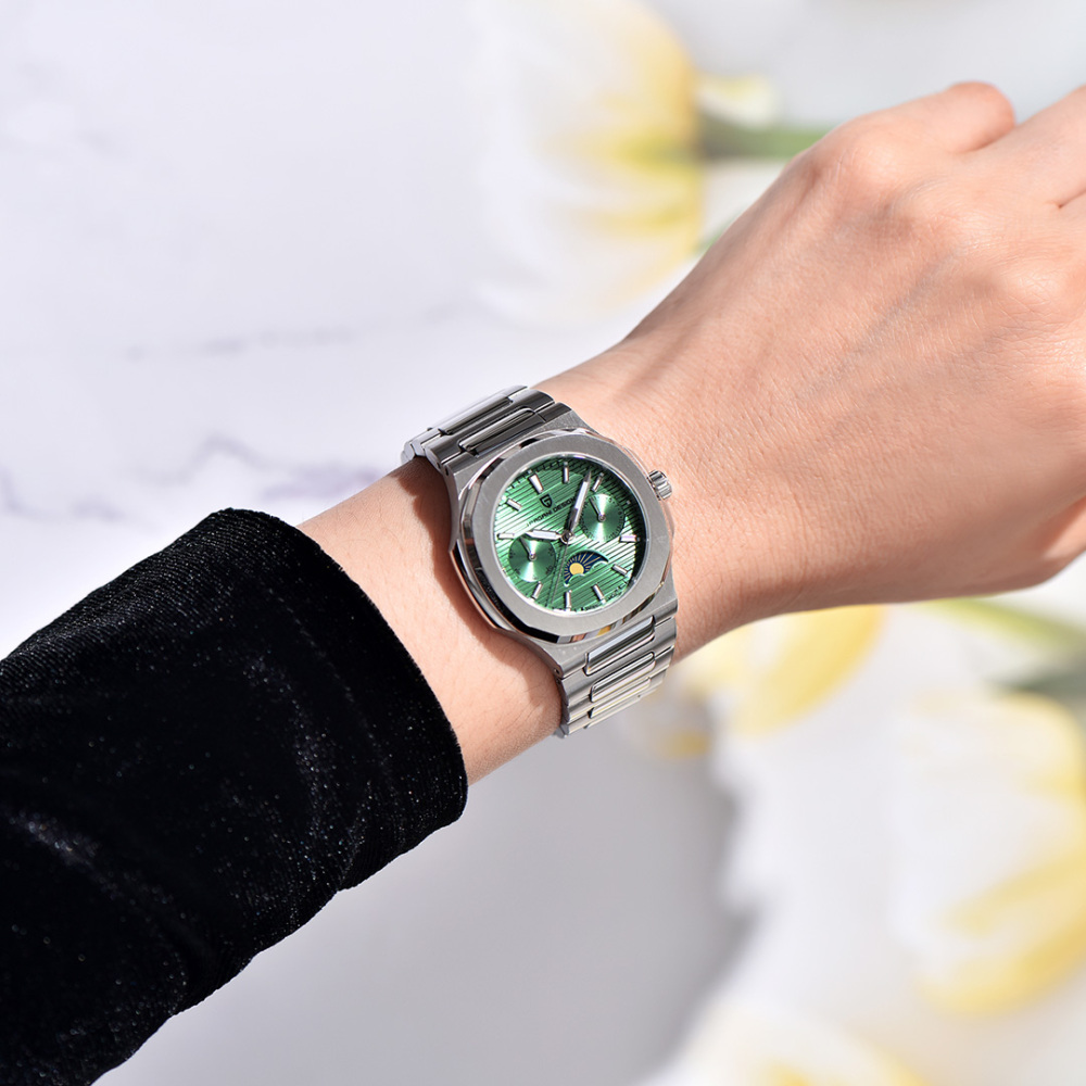 PAGANI DESIGN PD-1786 Quartz Women's Watches Luxury 32mm Stainless Steel Waterproof Wrist Watch with Moon Phase, Auto Date, Week Display