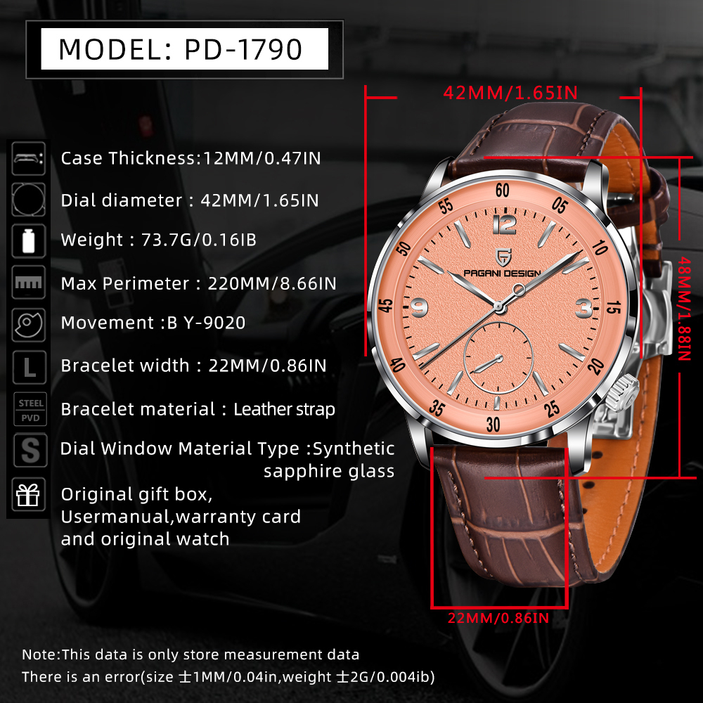 PAGANI DESIGN PD-1790 Automatic Men's Watches 42MM Stainless steel Mechanical Waterproof Business Wrist Watch for Men, Leather Watchband